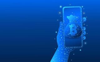 Hand holding smartphone with concept of saving or financial gains with bitcoin vector