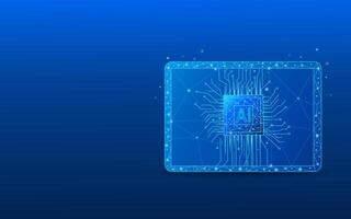 Abstract light blue digital AI chip on empty low poly smart tablet screen vector