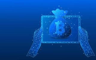 Hands holding tablet as abstract concept of saving or financial gain with bitcoin vector
