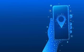 hand holding smartphone over abstract digital location icon screen vector