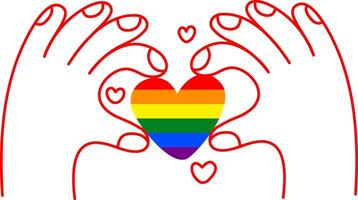 Two hands forming a rainbow heart of LGBT pride in a minimalist modern art style, simple linear illustration, hand poster, print design template. vector