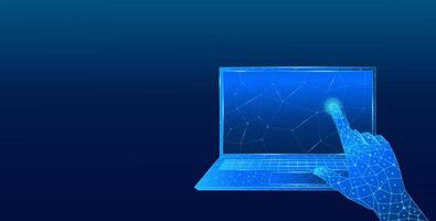 Index finger clicking on a technological blue digital laptop screen vector