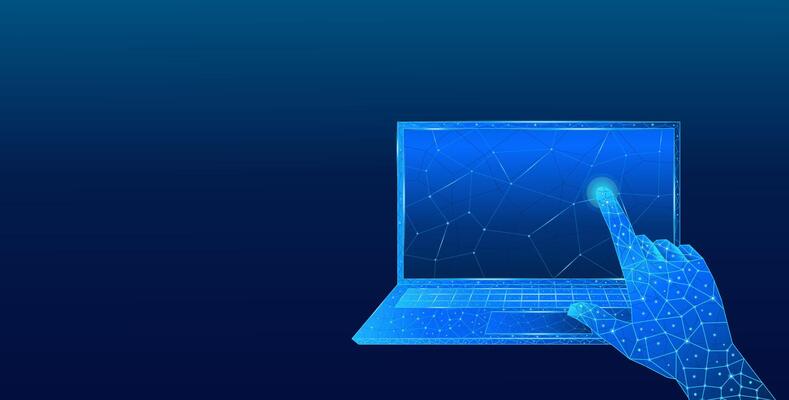 Index finger clicking on a technological blue digital laptop screen