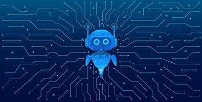 Abstract AI digital chatbot on a light blue circuit board background vector