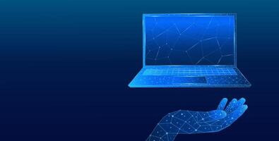 Laptop held by a digital hand using wireframe technology vector