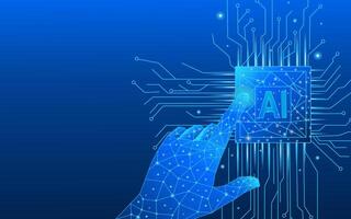 Top view of AI chip on blue technology background and circuits vector