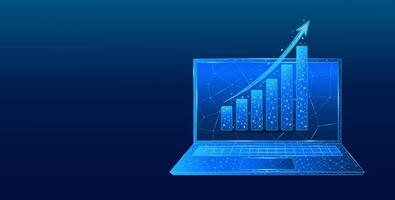Growth chart with a digital arrow on a laptop screen against a low-poly blue technological background vector