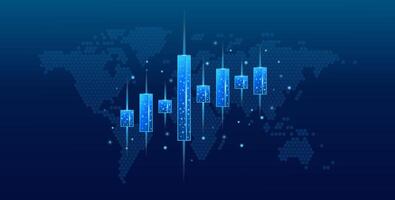 A 3D digital stock market candle isolated on a technological background of a blue global map vector