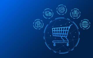 Online shopping technology with cart with icon on blue technology background vector