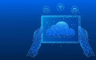 Hands holding a tablet. Abstract digital cloud computing icon with icons on a futuristic background vector