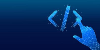 Digital index finger clicking on a 3D digital programming code symbol in light blue on a technological background vector