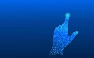 Abstract digital human hand touching a glowing dot in low-poly style. Illustration of connected dots on a blue technological background vector