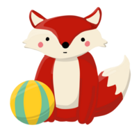 A charming digital illustration of a playful red fox in a forest clearing engaging with a colorful ball. png