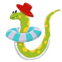 A cheerful cartoon snake enjoys a summer day floating in a pool with a lifebuoy. png