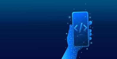 Digital hand holding a smartphone with a programming code symbol vector