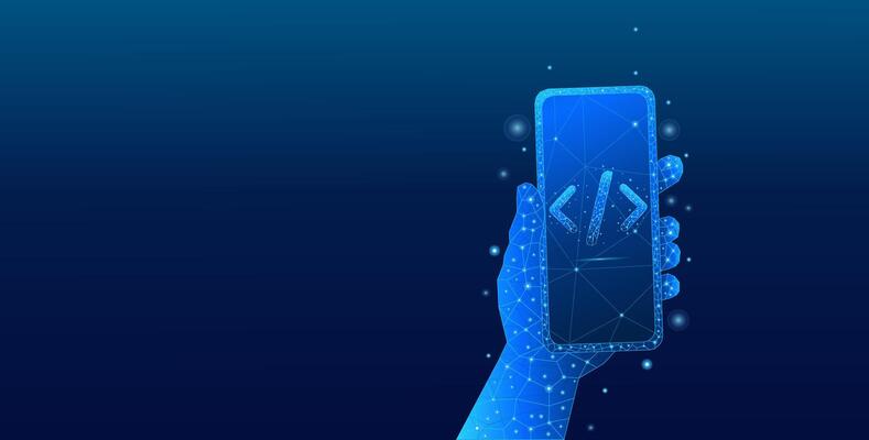 Digital hand holding a smartphone with a programming code symbol