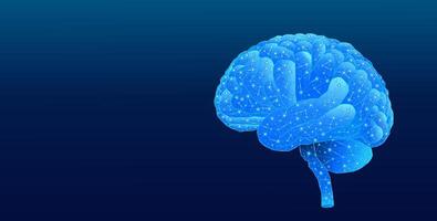 Digital 3D rendering of blue geometric connections of a human brain in wireframe style vector