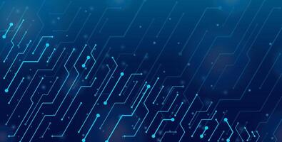 Digital abstract circuit board on a glowing blue technological background. Circuit board with connected lines and dots. Technological background with a navy blue gradient vector