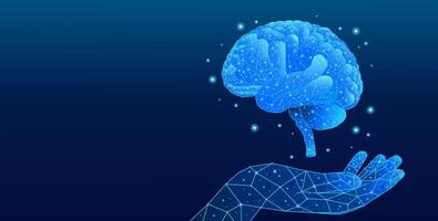 Digital hand holding a glowing brain and network connection on a technological background vector