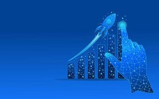 Abstract growth chart with launch rocket on electric blue low poly background. Startup and success business concept vector