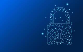 Padlock symbol formed by lines and triangles connecting network points on blue technological background vector