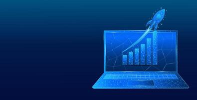 Growth chart with a digital rocket on a laptop screen against a low-poly blue technological background vector