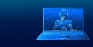 AI robot on a laptop screen tapping with index finger vector