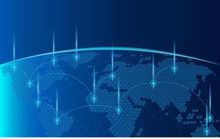 World map in hexagon shape on blue technological background global networks and communications vector