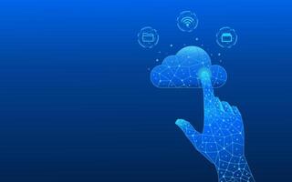 Abstract hand touching a low-poly digital cloud computing icon vector