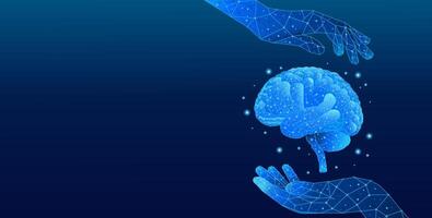 Digital brain amid hands and a network connection on a technological background vector