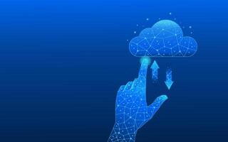 Abstract hand touching an abstract cloud computing icon with up and down arrows on a futuristic background vector