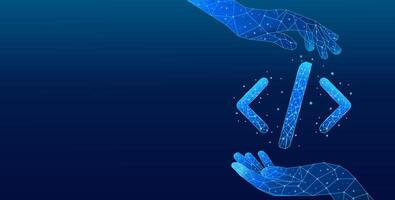 Digital hands holding a 3D digital programming code symbol in light blue on a technological background vector
