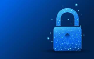 Padlock symbol formed by lines and triangles on blue technology background. vector