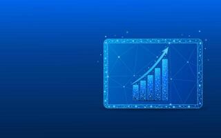 Tablet in foreground showing abstract arrow graph. Stock market concept in futuristic light blue holographic style vector