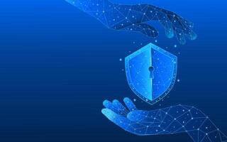 Businessman's hands holding a cybersecurity and information protection shield or network shield in a low poly style vector