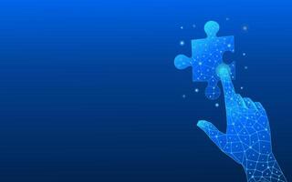 Technology puzzle pieces on dark blue background in futuristic low poly wireframe style vector