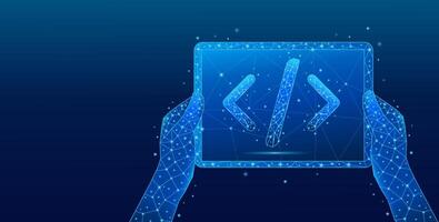 Hands holding a tablet, close-up, digital programming code symbol vector