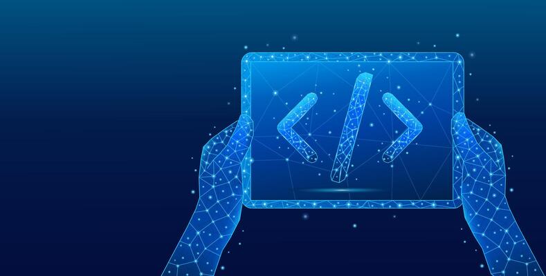 Hands holding a tablet, close-up, digital programming code symbol