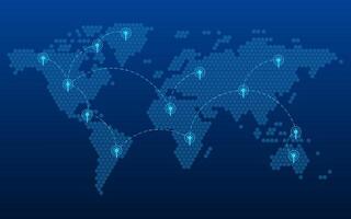 World map in the form of a hexagon on a blue background. Global networks vector