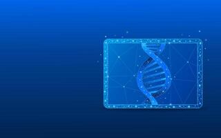 Tablet in foreground low poly wireframe of genetics and biotechnology science vector