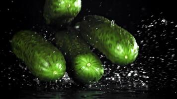 pepinos que cae en un negro antecedentes. filmado en un alta velocidad cámara a 1000 fps. alto calidad full HD imágenes video