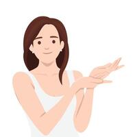 Woman with brown hair and a white tank top is smiling while gesturing with open hands. vector