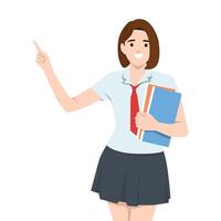 Schoolgirl points enthusiastically while holding folders, Eagerness and engagement in learning. vector