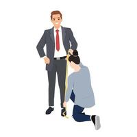 Professional tailor is taking measurements of a clients leg to ensure a perfectly tailored suit. vector
