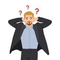 Worried man in a business suit looks overwhelmed, with question marks above his head. vector