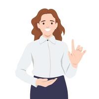 Smiling woman in business attire gestures while explaining, conveying clarity and confidence. vector