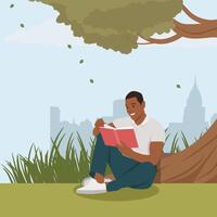 Man enjoys a relaxing moment reading a book under the shade of a tree in a serene park. vector