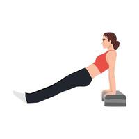 Determined woman performs a tricep dip using a step platform, Strength and dedication to fitness. vector