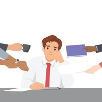 Stressed man in an office setting appears exhausted as multiple hands with various tasks and items. vector