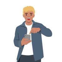 Man with blond hair and a cheerful expression is using a smartphone, pointing at the screen. vector